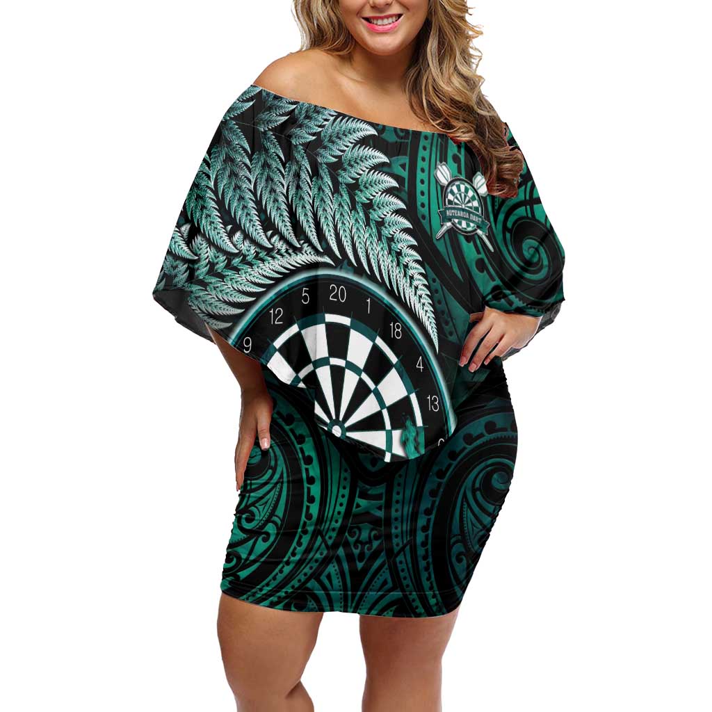 Personalised New Zealand Darts Off Shoulder Short Dress Maori Koru Dartboard Turquoise Flame LT05 Women Turquoise - Polynesian Pride