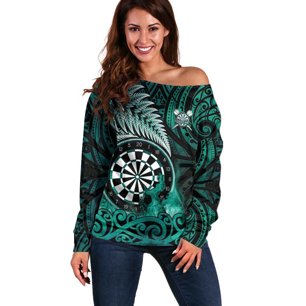 Personalised New Zealand Darts Off Shoulder Sweater Maori Koru Dartboard Turquoise Flame LT05 Women Turquoise - Polynesian Pride
