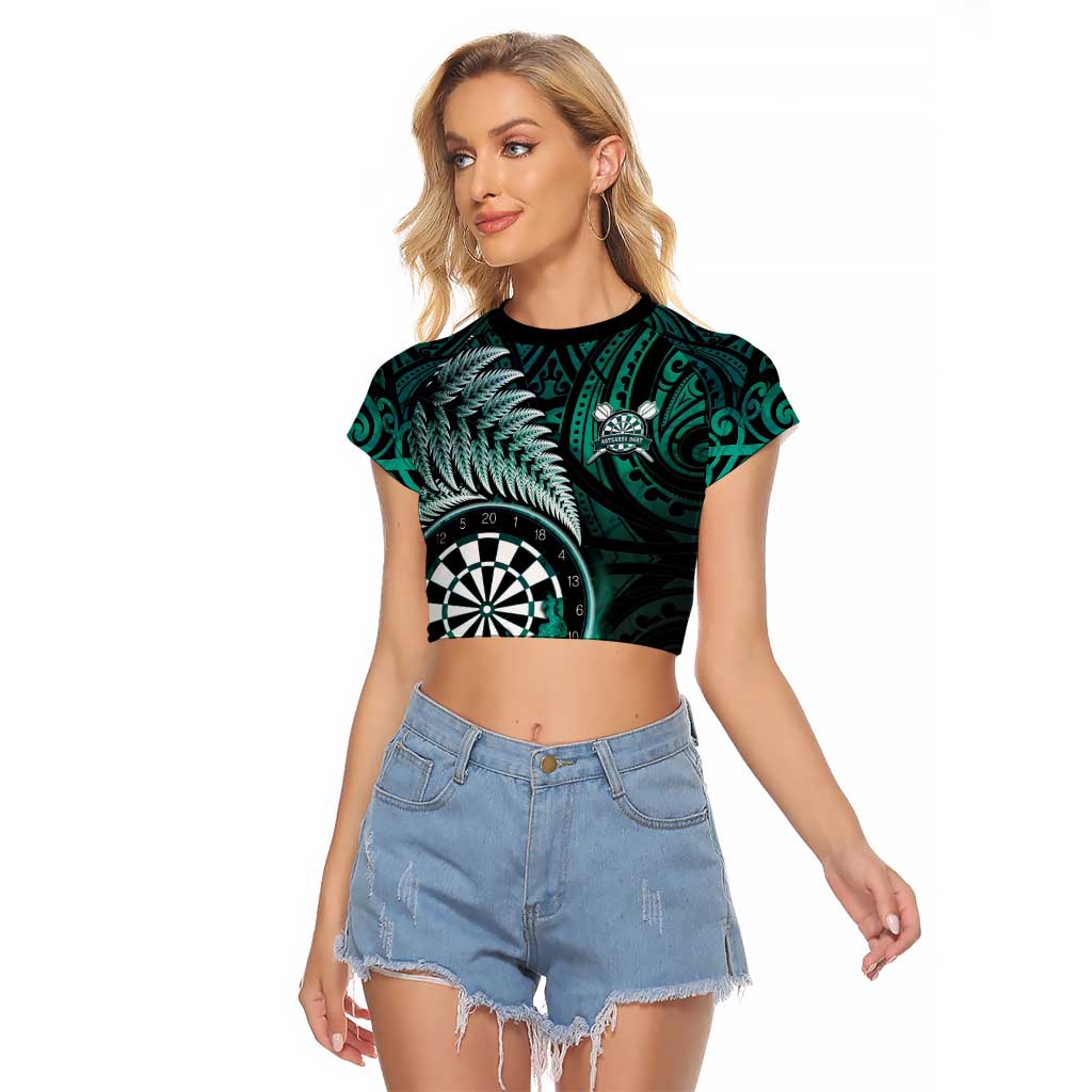 Personalised New Zealand Darts Raglan Cropped T Shirt Maori Koru Dartboard Turquoise Flame LT05 Female Turquoise - Polynesian Pride