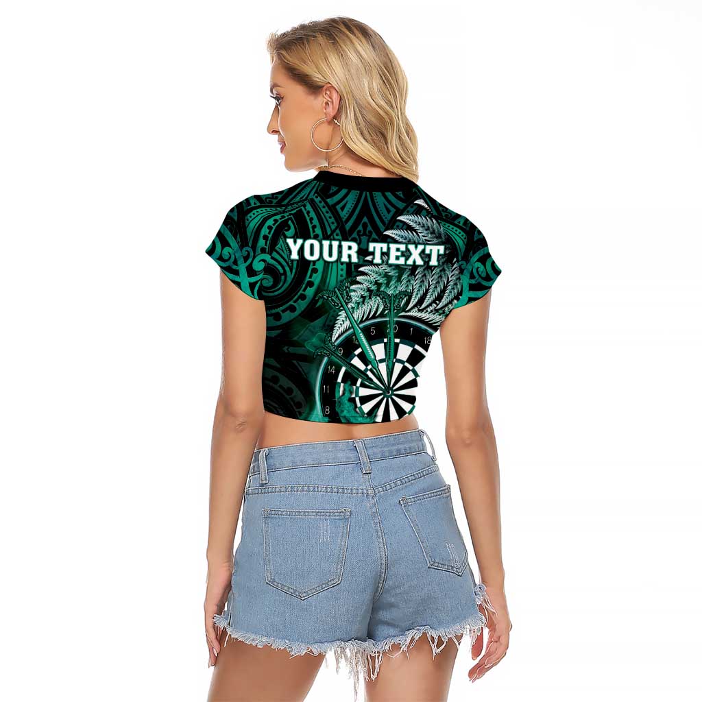 Personalised New Zealand Darts Raglan Cropped T Shirt Maori Koru Dartboard Turquoise Flame LT05 - Polynesian Pride
