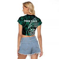Personalised New Zealand Darts Raglan Cropped T Shirt Maori Koru Dartboard Turquoise Flame LT05 - Polynesian Pride