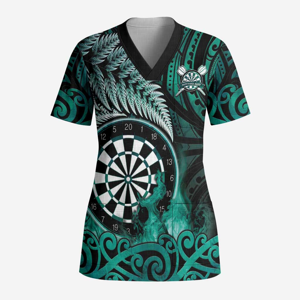 Personalised New Zealand Darts Scrub Top Maori Koru Dartboard Turquoise Flame LT05 Adult Turquoise - Polynesian Pride