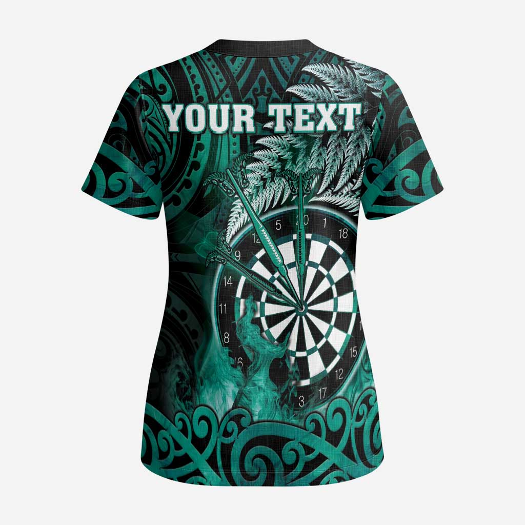 Personalised New Zealand Darts Scrub Top Maori Koru Dartboard Turquoise Flame LT05 - Polynesian Pride