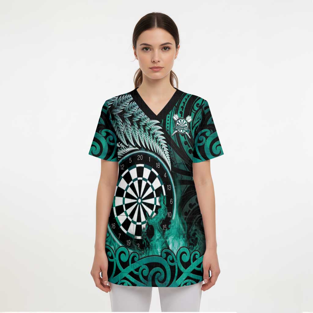 Personalised New Zealand Darts Scrub Top Maori Koru Dartboard Turquoise Flame LT05 - Polynesian Pride