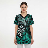 Personalised New Zealand Darts Scrub Top Maori Koru Dartboard Turquoise Flame LT05 - Polynesian Pride