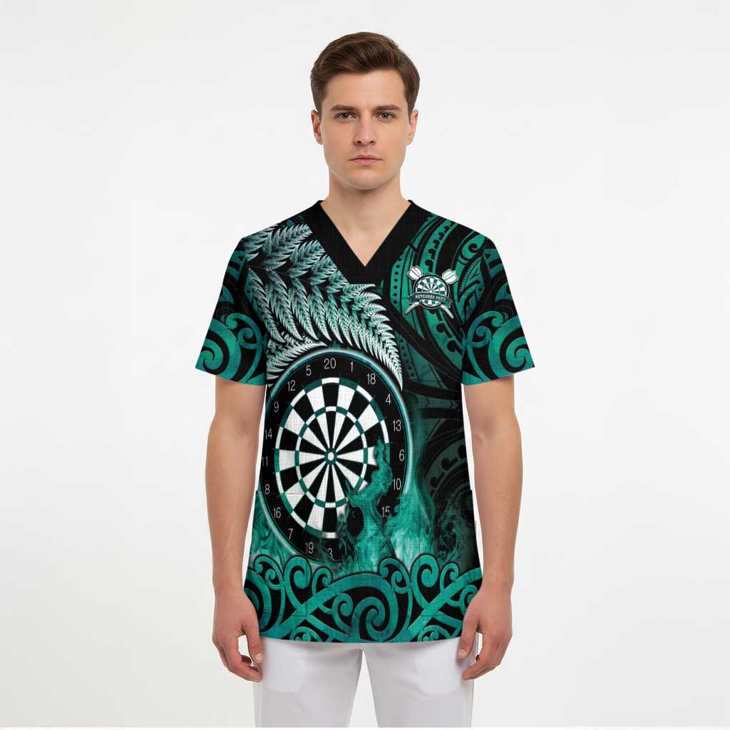 Personalised New Zealand Darts Scrub Top Maori Koru Dartboard Turquoise Flame LT05 - Polynesian Pride
