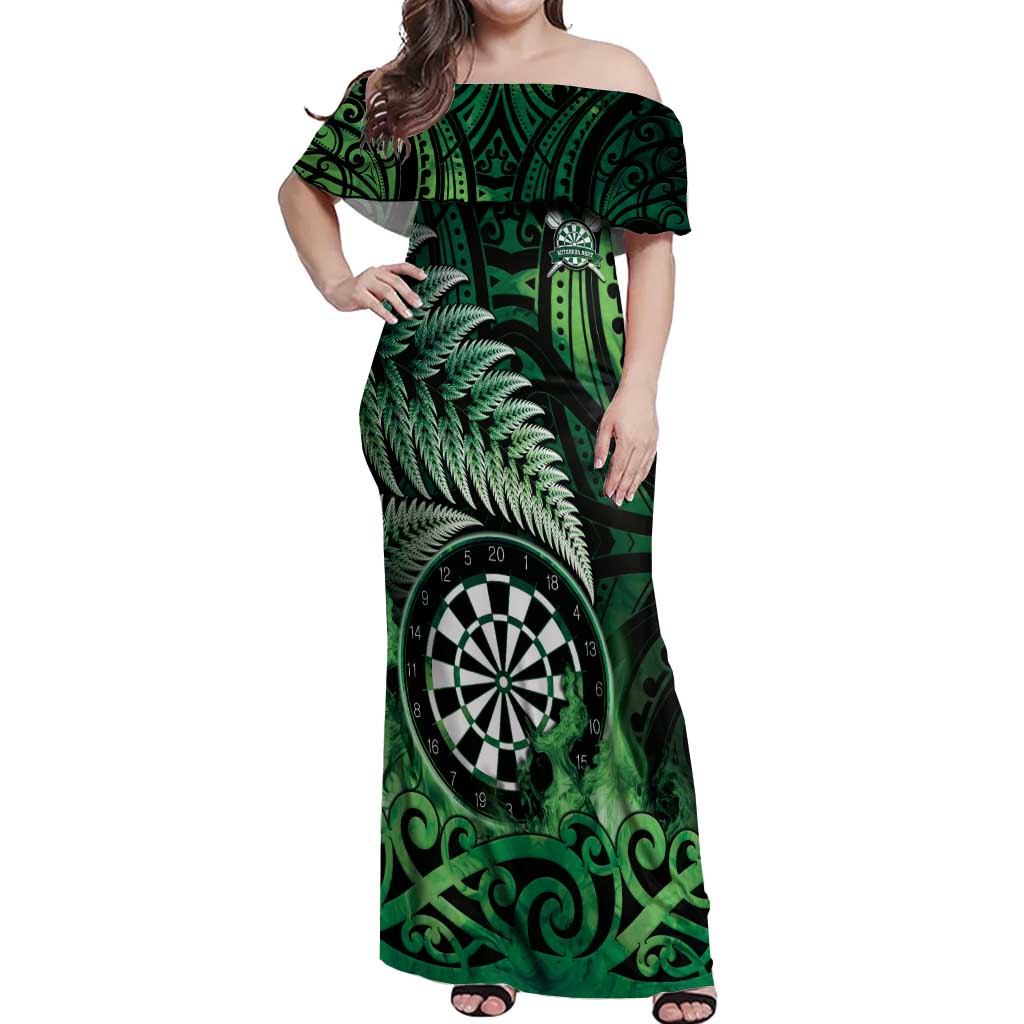 Personalised New Zealand Darts Off Shoulder Maxi Dress Maori Koru Dartboard Green Flame LT05 Women Green - Polynesian Pride