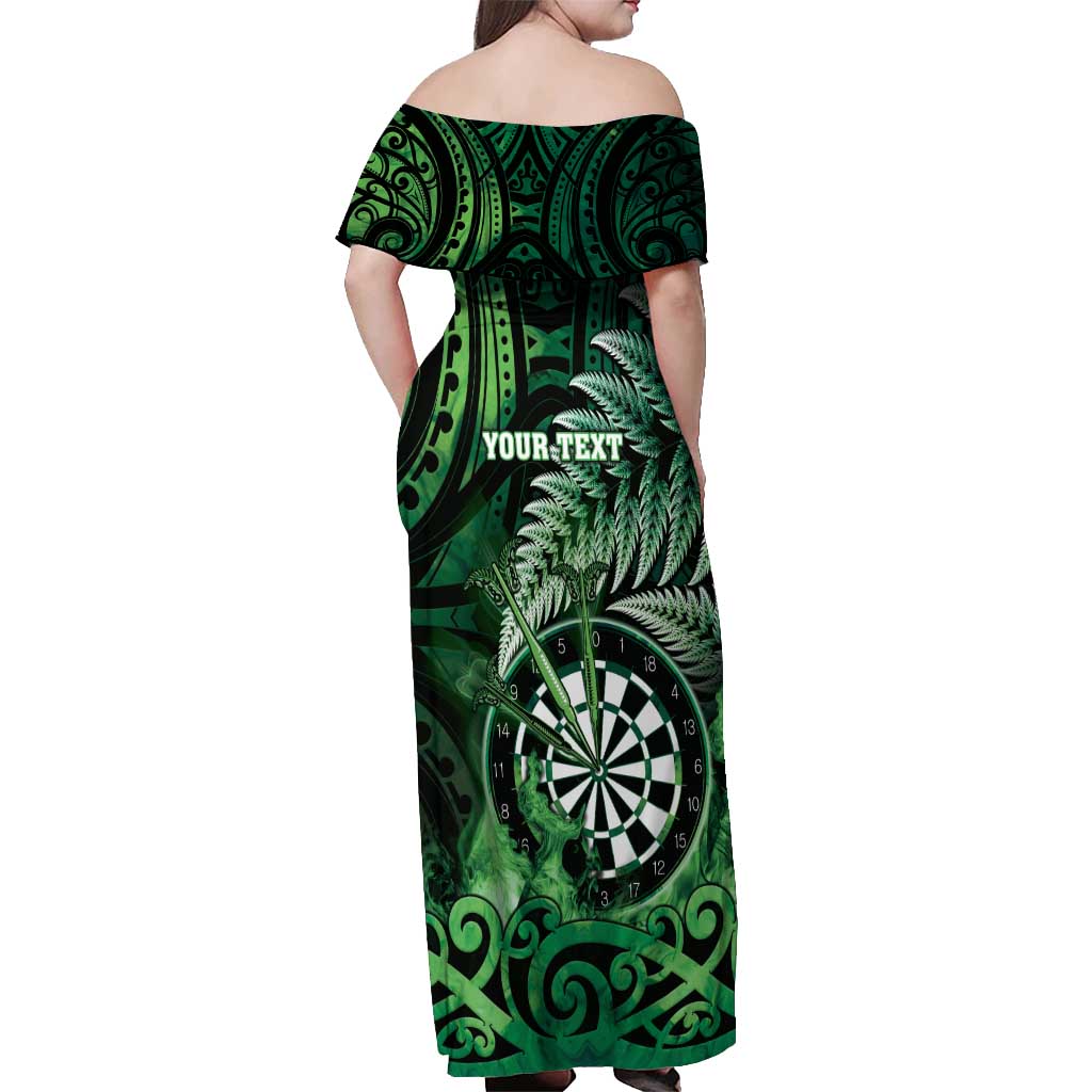 Personalised New Zealand Darts Off Shoulder Maxi Dress Maori Koru Dartboard Green Flame LT05 - Polynesian Pride