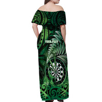 Personalised New Zealand Darts Off Shoulder Maxi Dress Maori Koru Dartboard Green Flame LT05 - Polynesian Pride