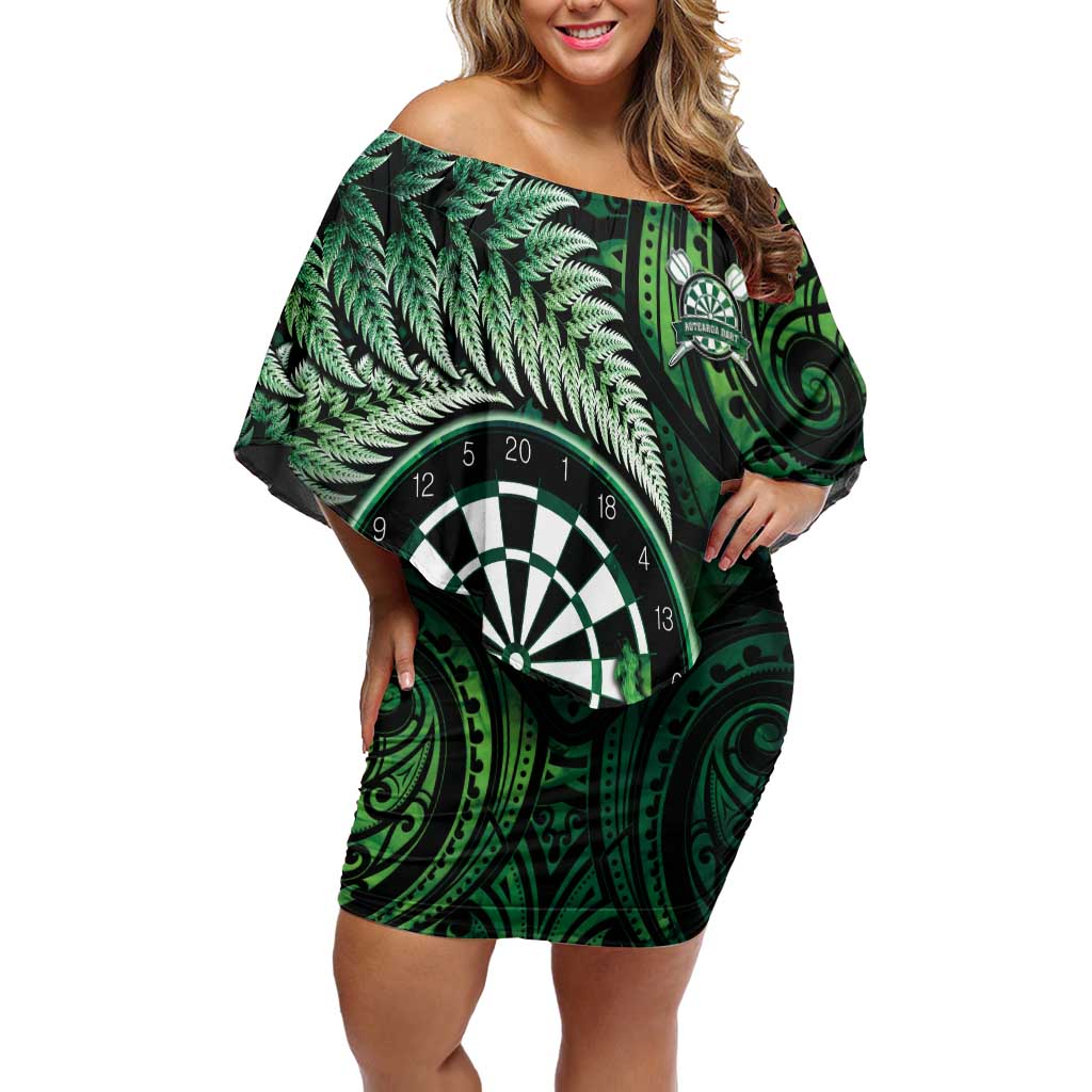 Personalised New Zealand Darts Off Shoulder Short Dress Maori Koru Dartboard Green Flame LT05 Women Green - Polynesian Pride
