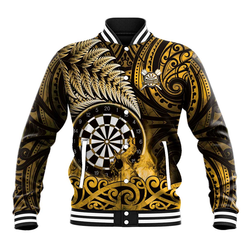 Personalised New Zealand Darts Baseball Jacket Maori Koru Dartboard Gold Flame LT05 Unisex Gold - Polynesian Pride