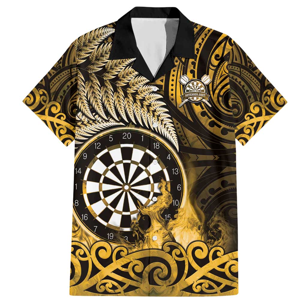 Personalised New Zealand Darts Hawaiian Shirt Maori Koru Dartboard Gold Flame LT05 Gold - Polynesian Pride
