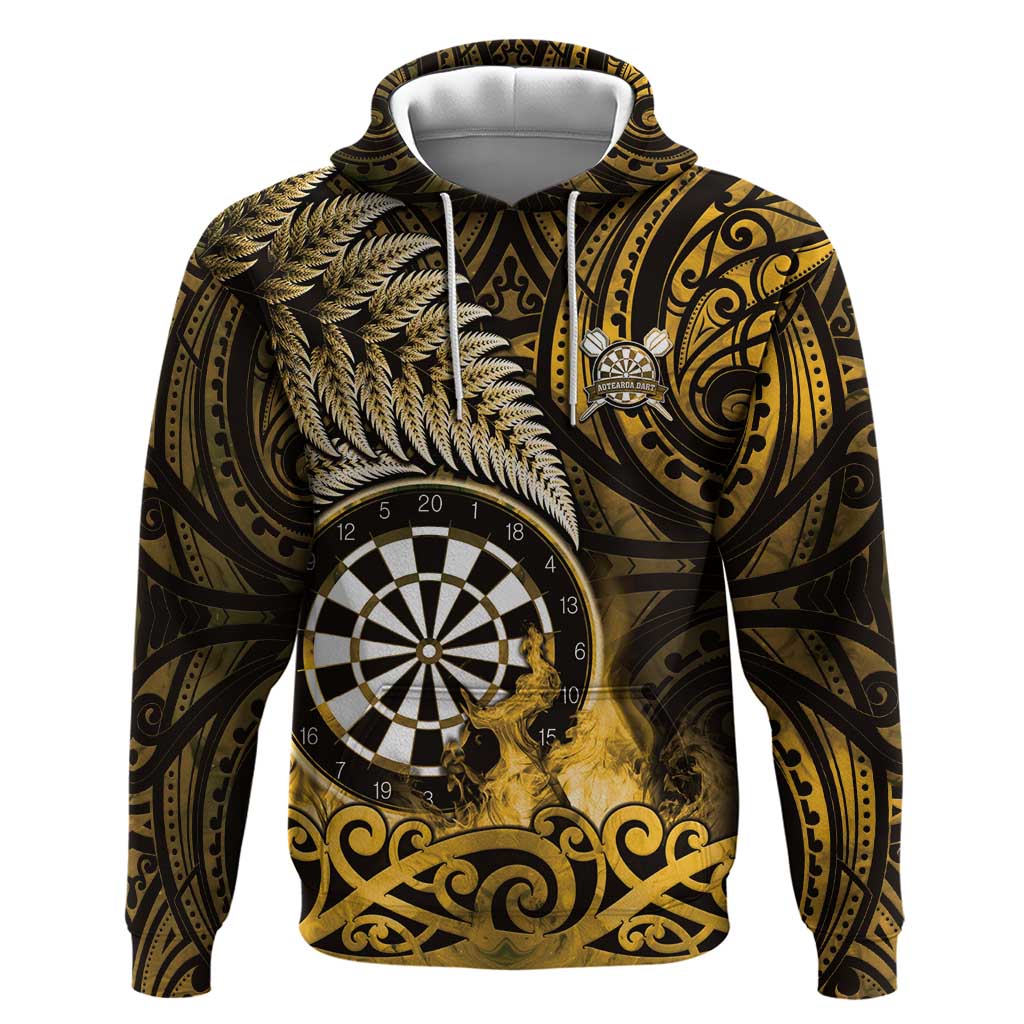 Personalised New Zealand Darts Hoodie Maori Koru Dartboard Gold Flame LT05 Pullover Hoodie Gold - Polynesian Pride
