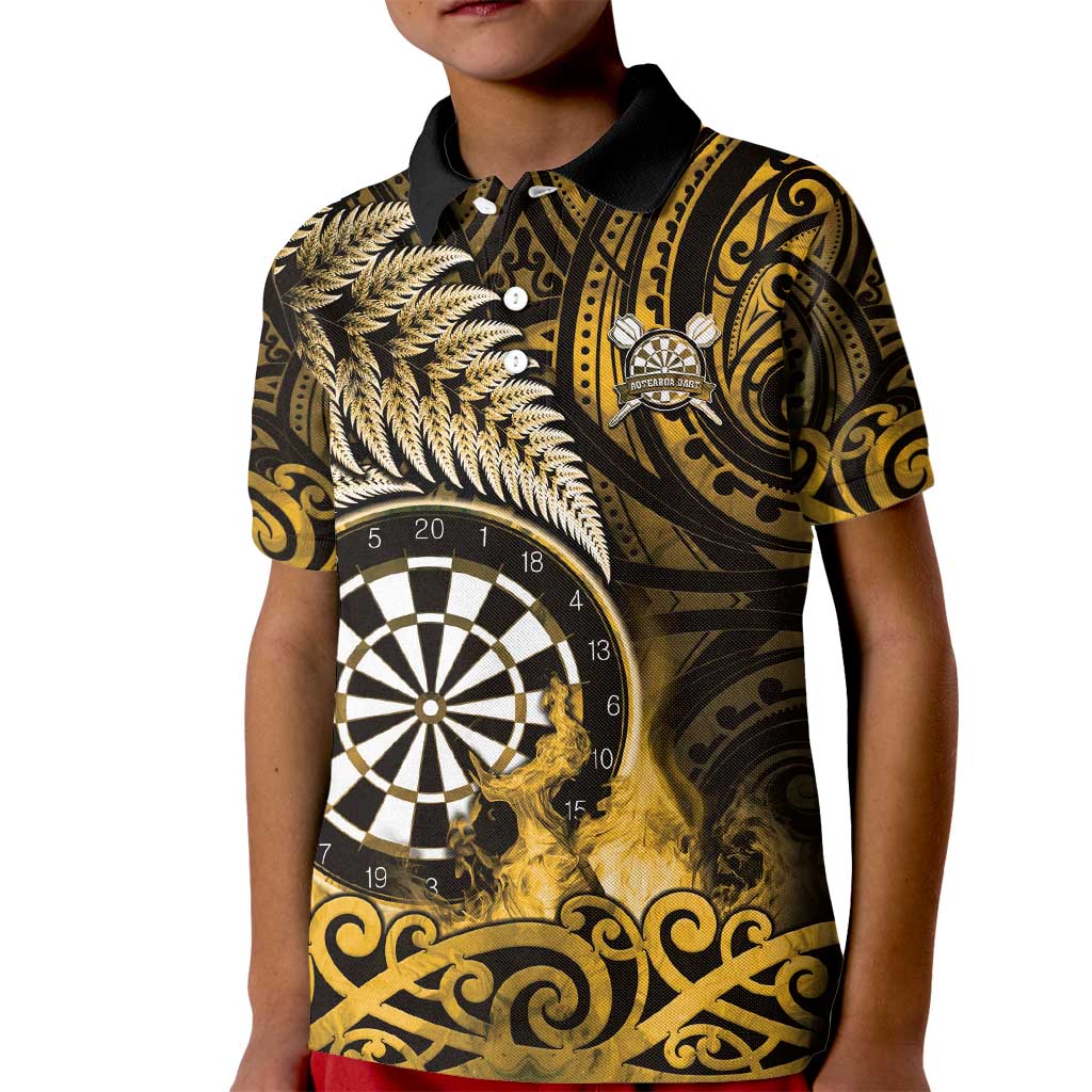 Personalised New Zealand Darts Kid Polo Shirt Maori Koru Dartboard Gold Flame LT05 Kid Gold - Polynesian Pride