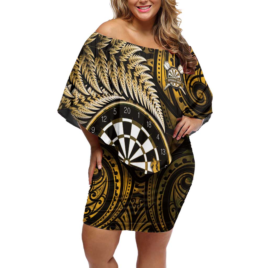 Personalised New Zealand Darts Off Shoulder Short Dress Maori Koru Dartboard Gold Flame LT05 Women Gold - Polynesian Pride
