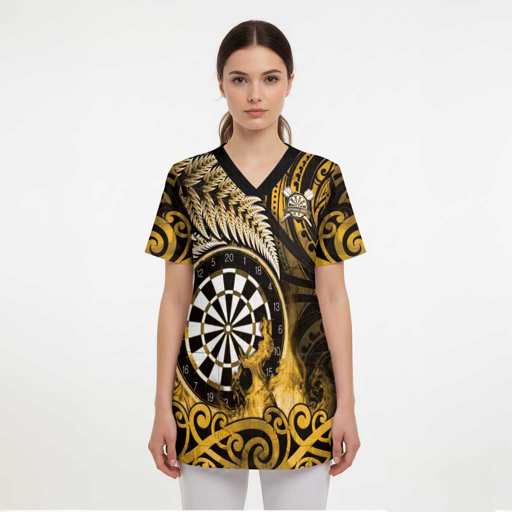 Personalised New Zealand Darts Scrub Top Maori Koru Dartboard Gold Flame LT05 - Polynesian Pride
