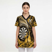Personalised New Zealand Darts Scrub Top Maori Koru Dartboard Gold Flame LT05 - Polynesian Pride