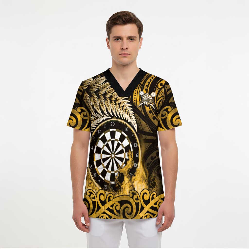 Personalised New Zealand Darts Scrub Top Maori Koru Dartboard Gold Flame LT05 - Polynesian Pride