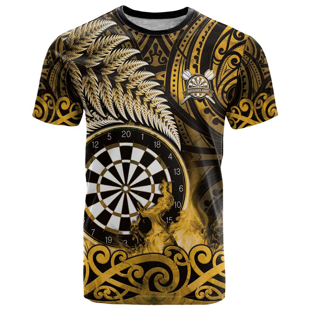 Personalised New Zealand Darts T Shirt Maori Koru Dartboard Gold Flame LT05 Gold - Polynesian Pride