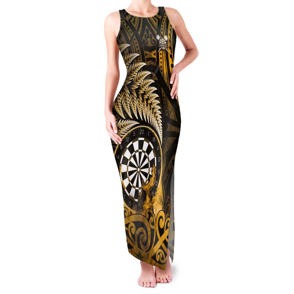 Personalised New Zealand Darts Tank Maxi Dress Maori Koru Dartboard Gold Flame LT05 Women Gold - Polynesian Pride