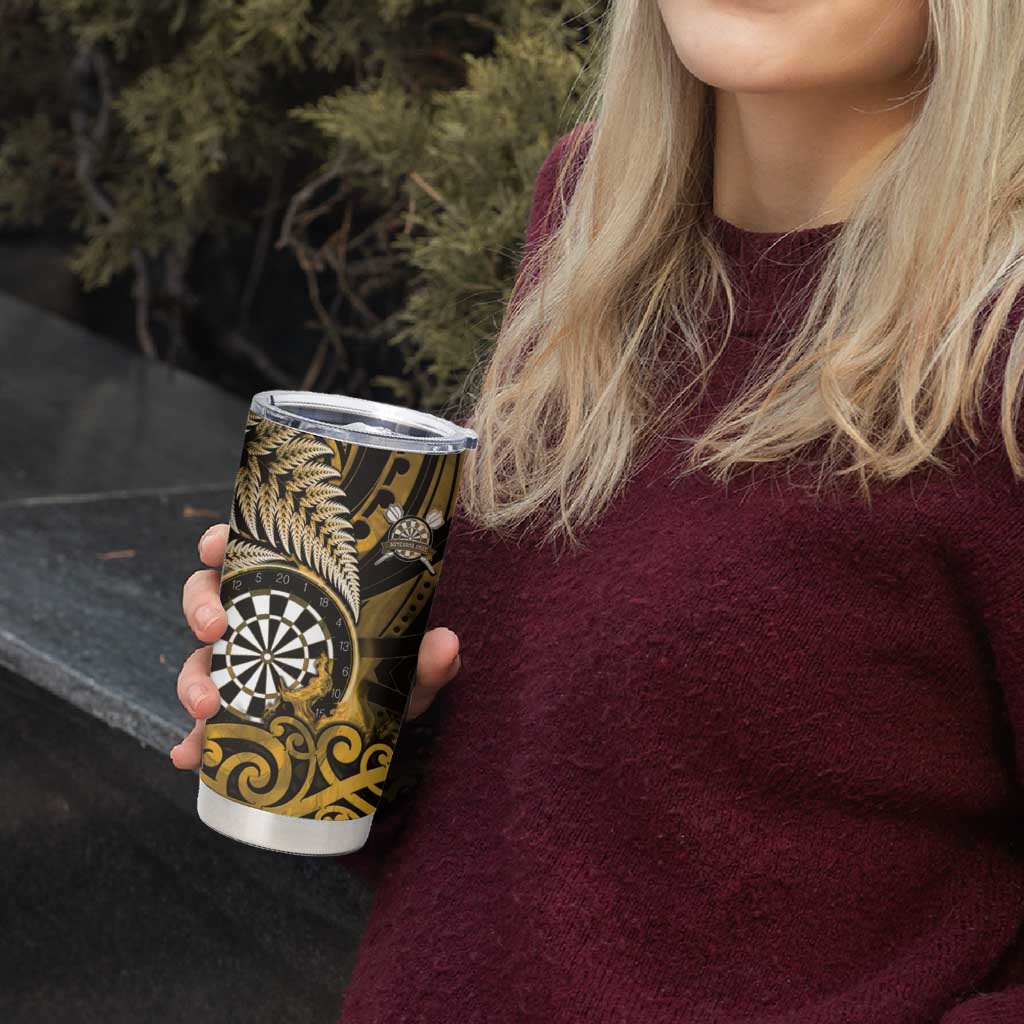 Personalised New Zealand Darts Tumbler Cup Maori Koru Dartboard Gold Flame LT05 - Polynesian Pride