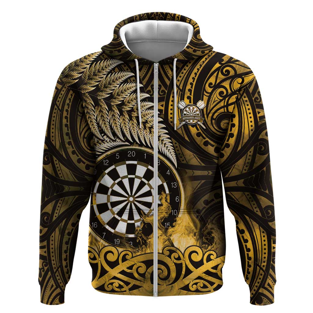 Personalised New Zealand Darts Zip Hoodie Maori Koru Dartboard Gold Flame LT05 Zip Hoodie Gold - Polynesian Pride