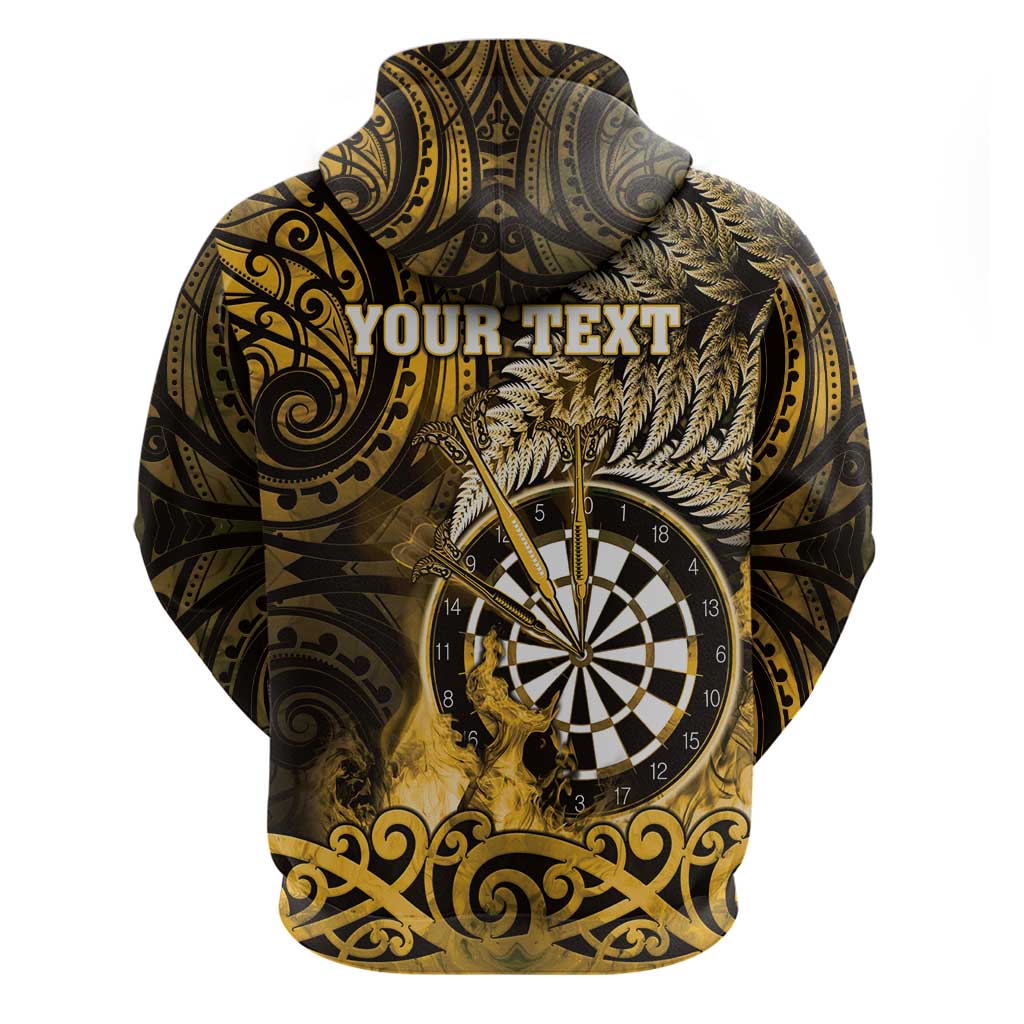 Personalised New Zealand Darts Zip Hoodie Maori Koru Dartboard Gold Flame LT05 - Polynesian Pride