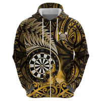 Personalised New Zealand Darts Zip Hoodie Maori Koru Dartboard Gold Flame LT05 - Polynesian Pride