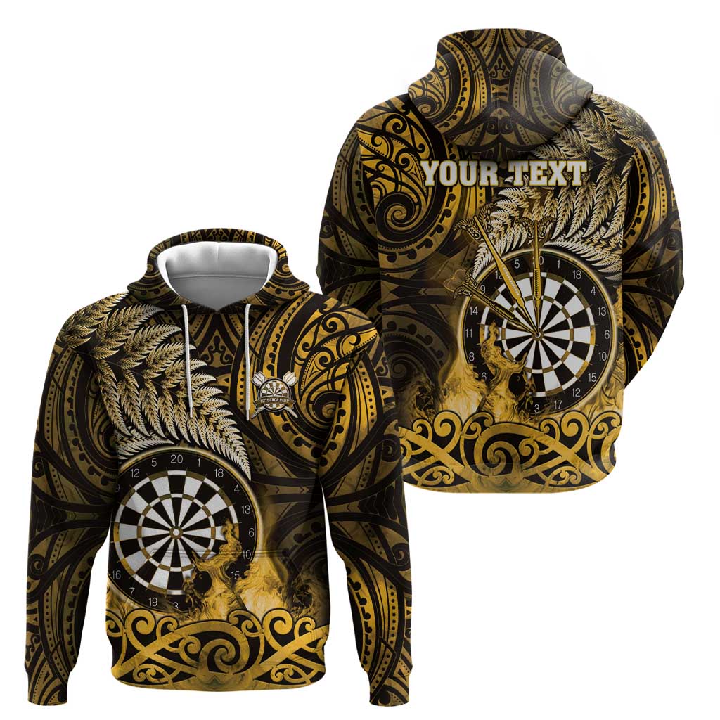 Personalised New Zealand Darts Zip Hoodie Maori Koru Dartboard Gold Flame LT05 - Polynesian Pride