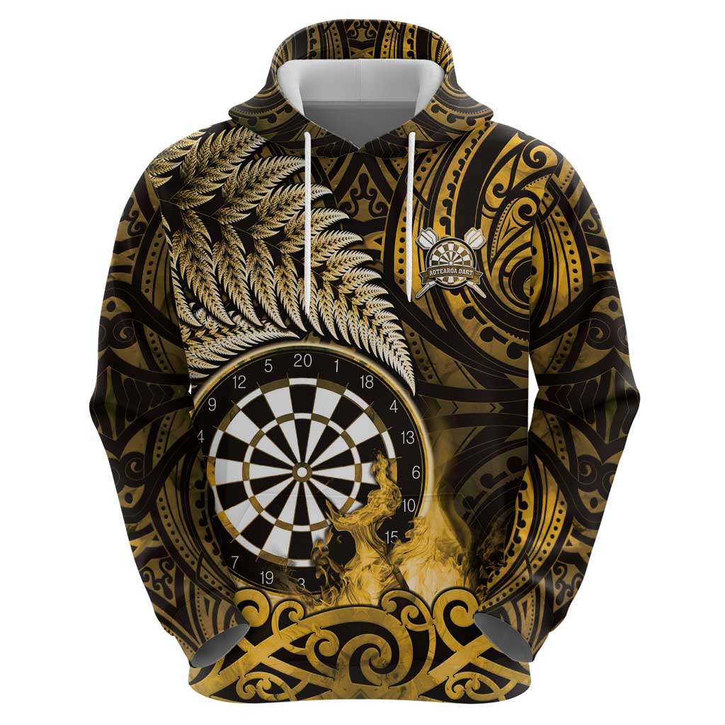Personalised New Zealand Darts Zip Hoodie Maori Koru Dartboard Gold Flame LT05 - Polynesian Pride