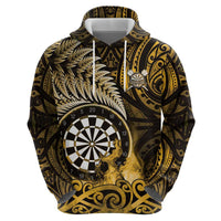 Personalised New Zealand Darts Zip Hoodie Maori Koru Dartboard Gold Flame LT05 - Polynesian Pride