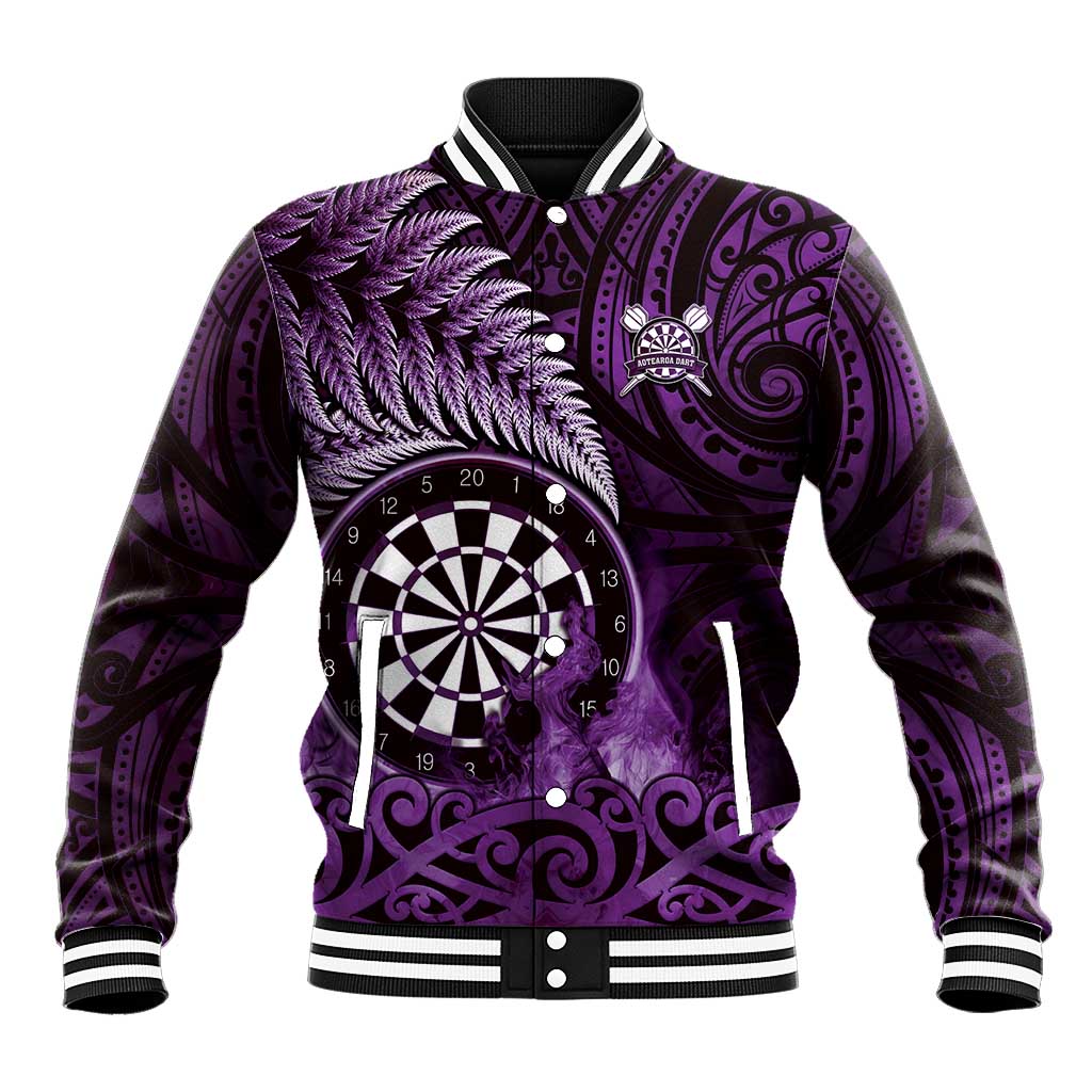 Personalised New Zealand Darts Baseball Jacket Maori Koru Dartboard Purple Flame LT05 Unisex Purple - Polynesian Pride
