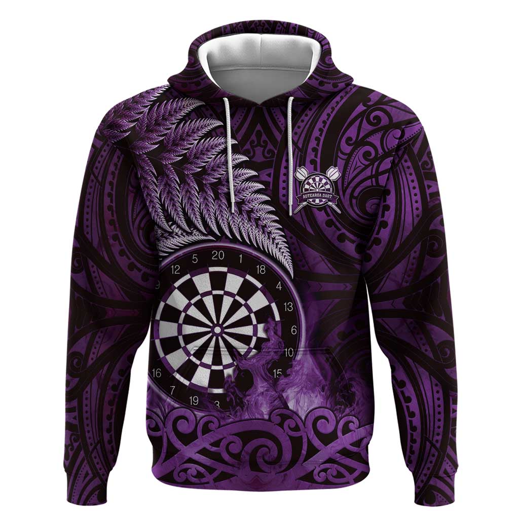 Personalised New Zealand Darts Hoodie Maori Koru Dartboard Purple Flame LT05 Pullover Hoodie Purple - Polynesian Pride