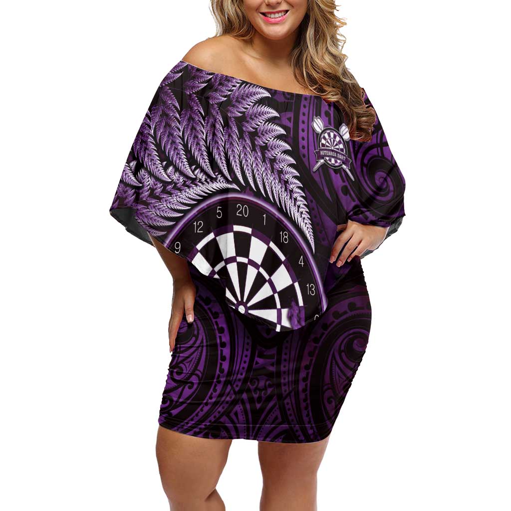 Personalised New Zealand Darts Off Shoulder Short Dress Maori Koru Dartboard Purple Flame LT05 Women Purple - Polynesian Pride