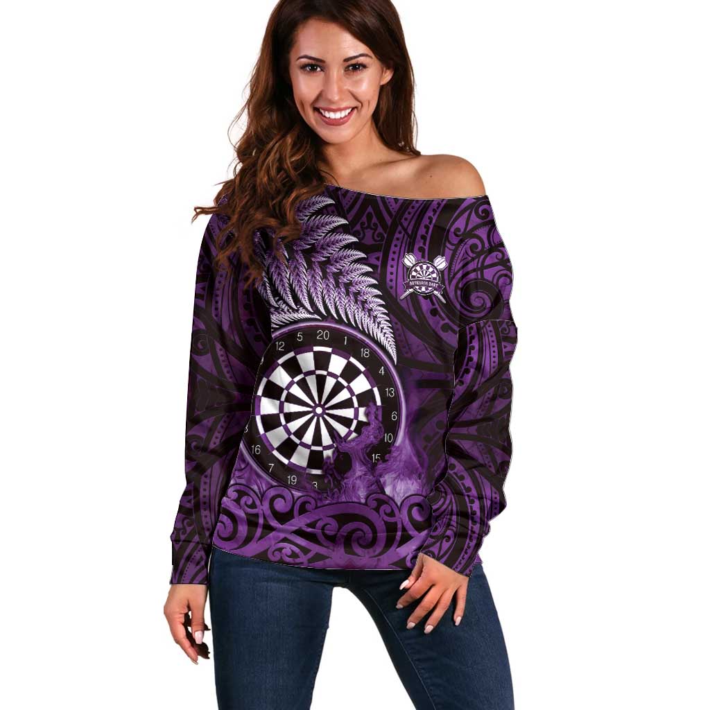 Personalised New Zealand Darts Off Shoulder Sweater Maori Koru Dartboard Purple Flame LT05 Women Purple - Polynesian Pride