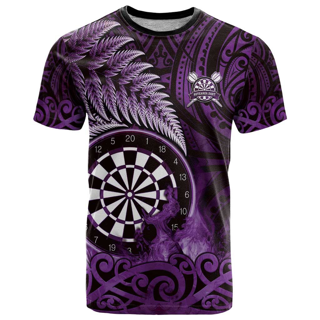 Personalised New Zealand Darts T Shirt Maori Koru Dartboard Purple Flame LT05 Purple - Polynesian Pride