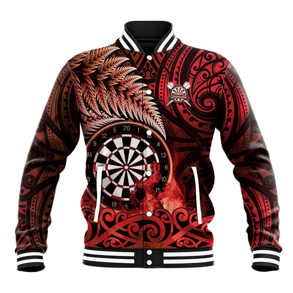 Personalised New Zealand Darts Baseball Jacket Maori Koru Dartboard Red Flame LT05 Unisex Red - Polynesian Pride