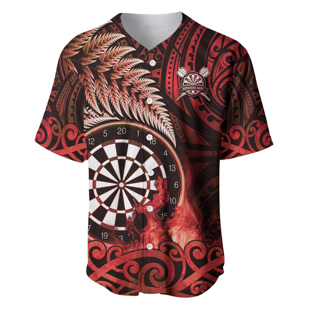 Personalised New Zealand Darts Baseball Jersey Maori Koru Dartboard Red Flame LT05 Red - Polynesian Pride