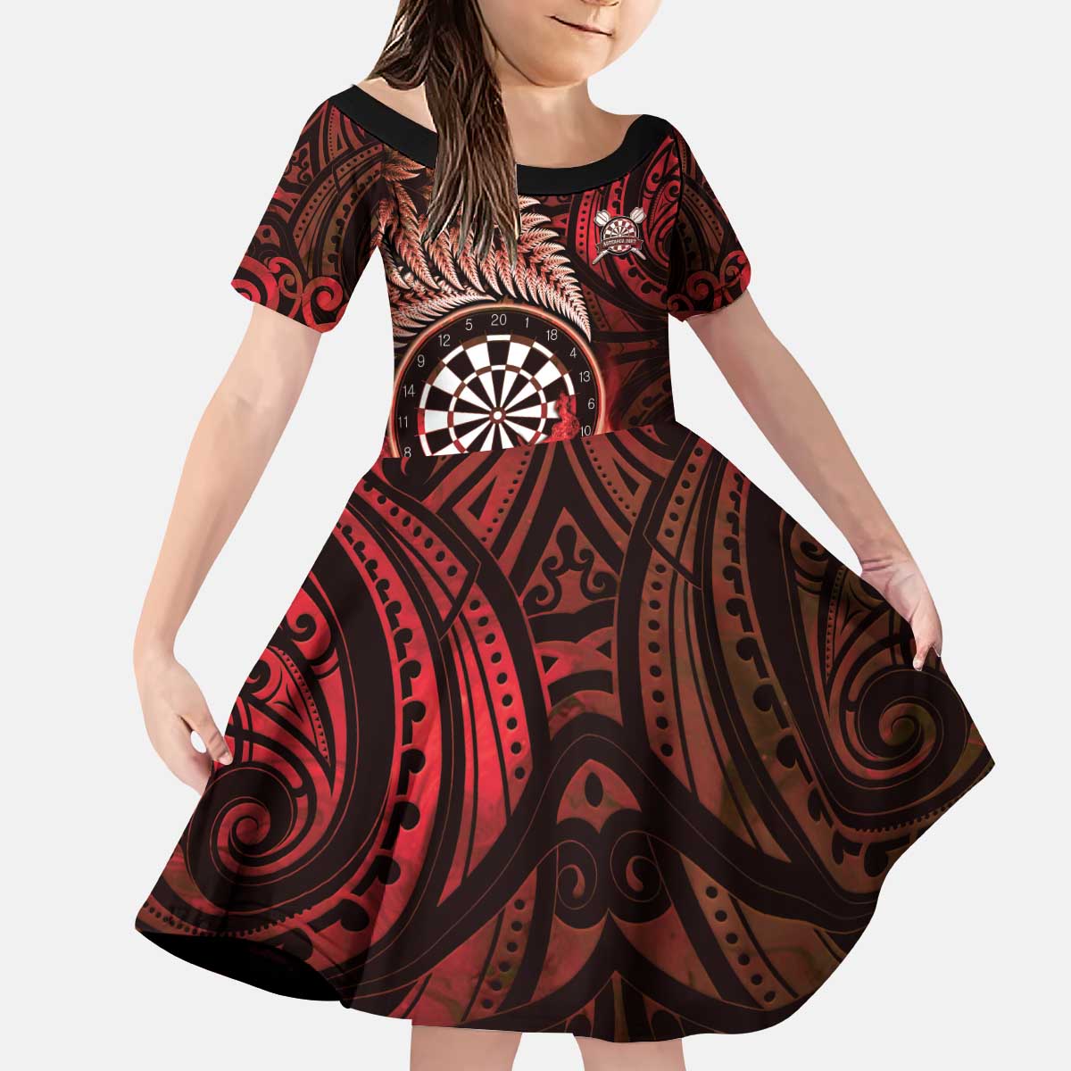 Personalised New Zealand Darts Kid Short Sleeve Dress Maori Koru Dartboard Red Flame LT05 KID Red - Polynesian Pride