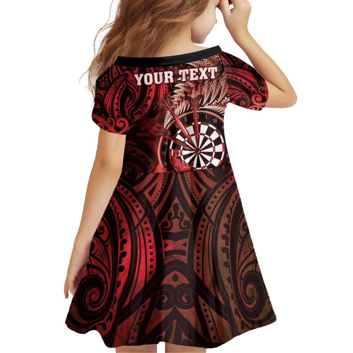 Personalised New Zealand Darts Kid Short Sleeve Dress Maori Koru Dartboard Red Flame LT05 - Polynesian Pride