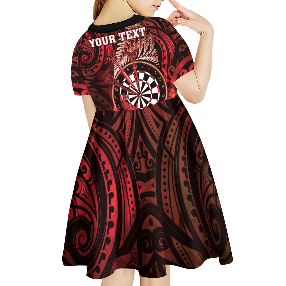 Personalised New Zealand Darts Kid Short Sleeve Dress Maori Koru Dartboard Red Flame LT05 - Polynesian Pride