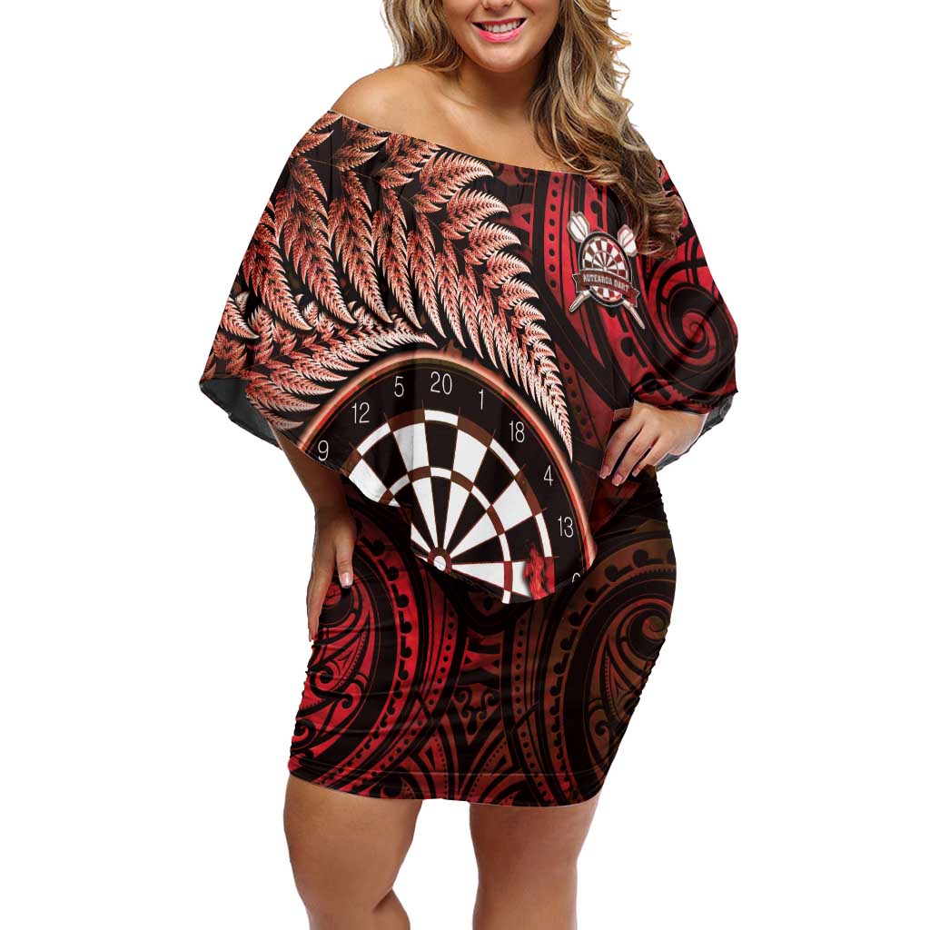 Personalised New Zealand Darts Off Shoulder Short Dress Maori Koru Dartboard Red Flame LT05 Women Red - Polynesian Pride
