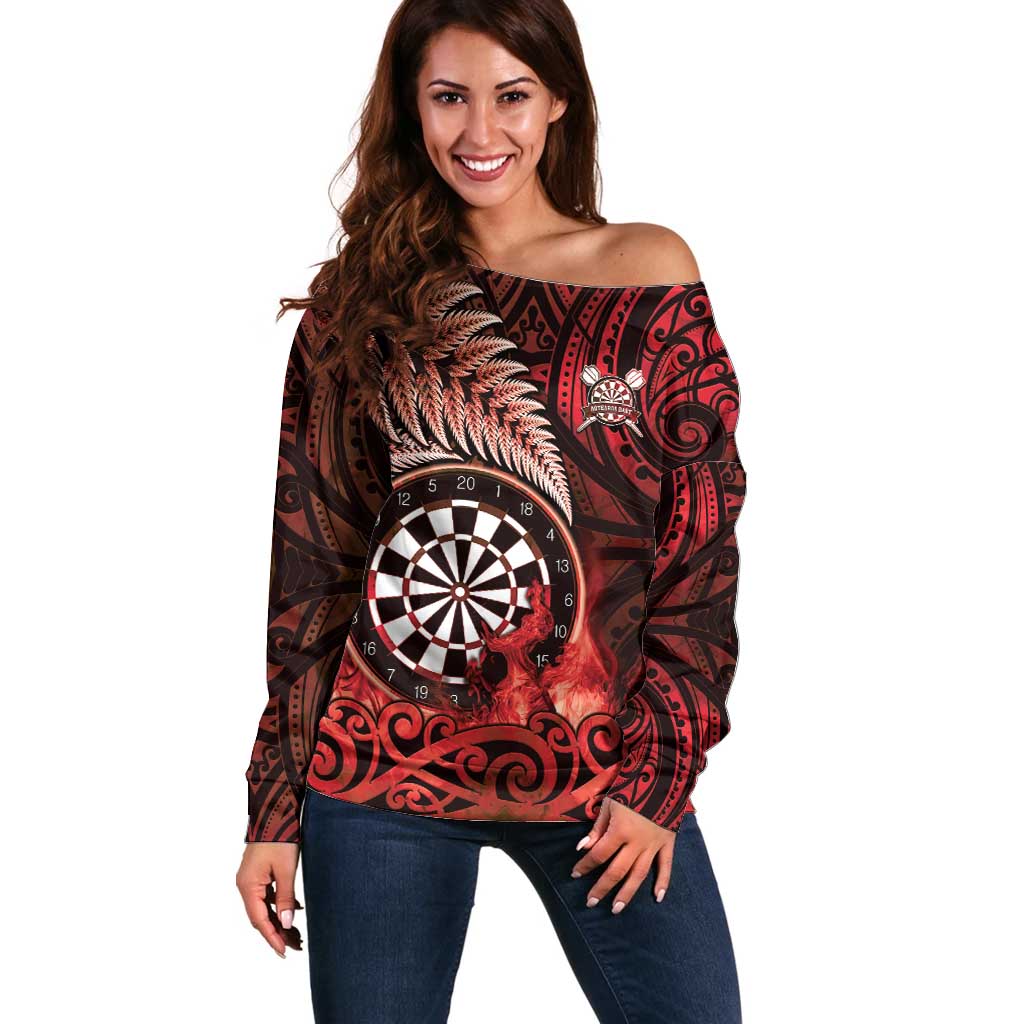 Personalised New Zealand Darts Off Shoulder Sweater Maori Koru Dartboard Red Flame LT05 Women Red - Polynesian Pride