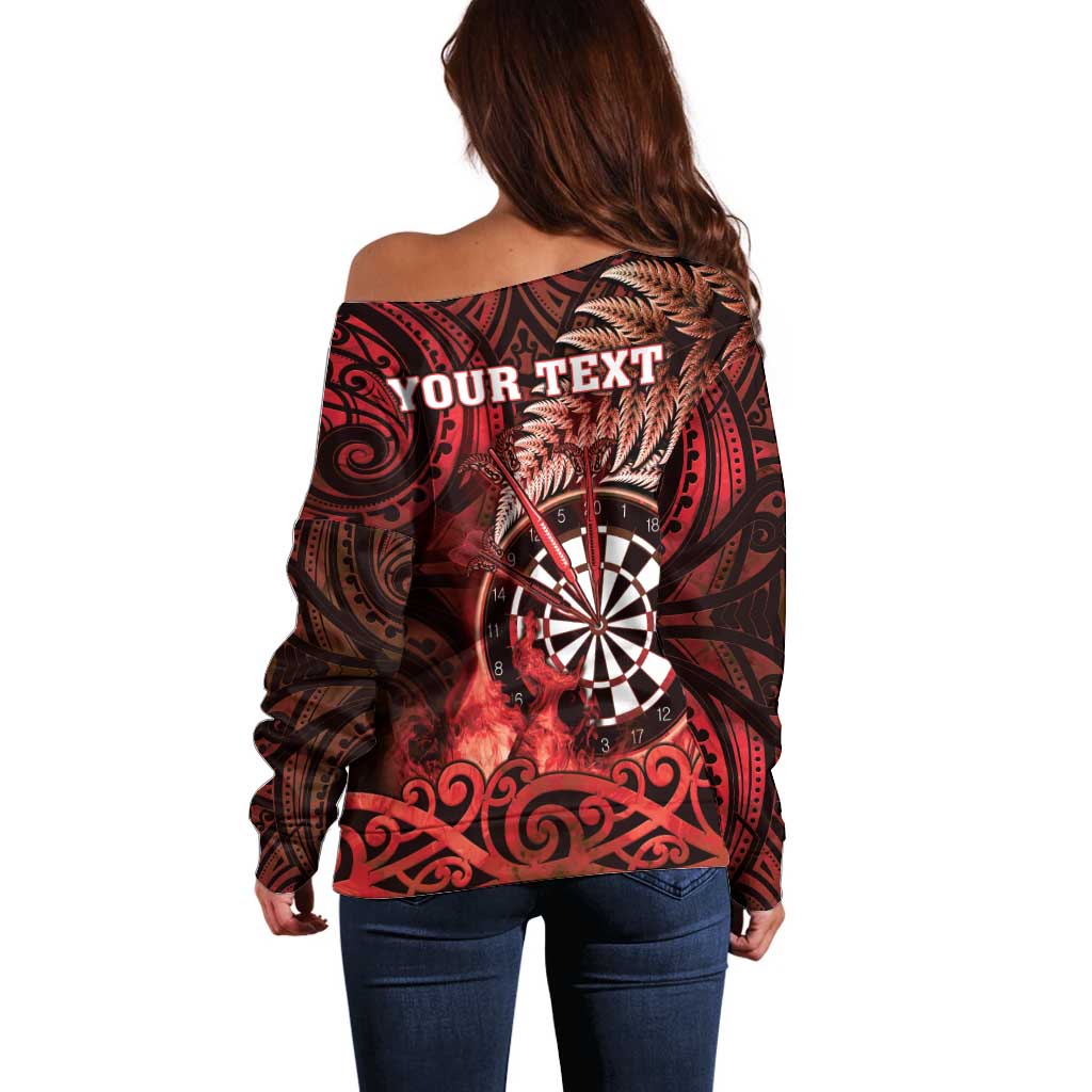 Personalised New Zealand Darts Off Shoulder Sweater Maori Koru Dartboard Red Flame LT05 - Polynesian Pride