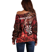 Personalised New Zealand Darts Off Shoulder Sweater Maori Koru Dartboard Red Flame LT05 - Polynesian Pride