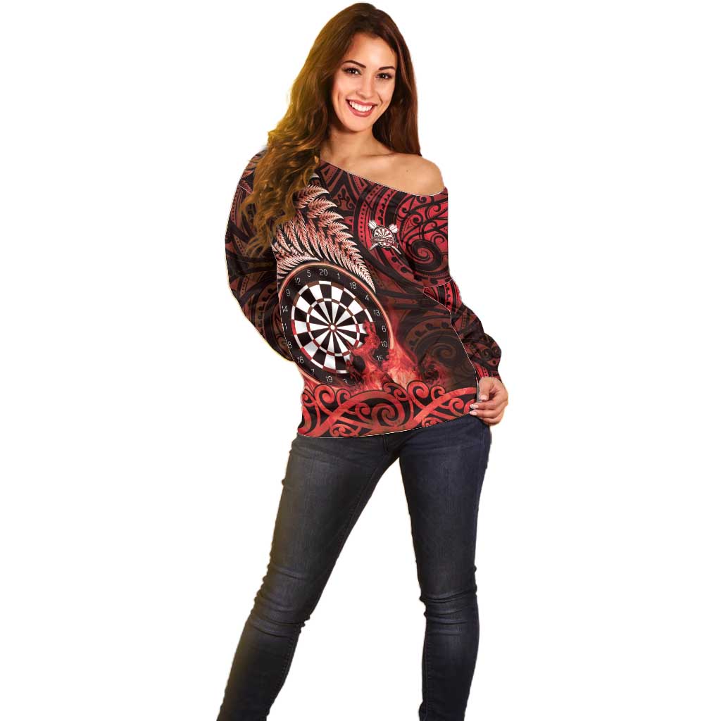 Personalised New Zealand Darts Off Shoulder Sweater Maori Koru Dartboard Red Flame LT05 - Polynesian Pride