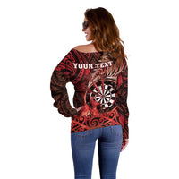 Personalised New Zealand Darts Off Shoulder Sweater Maori Koru Dartboard Red Flame LT05 - Polynesian Pride