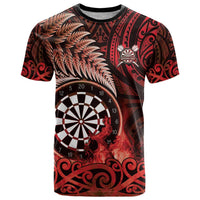 Personalised New Zealand Darts T Shirt Maori Koru Dartboard Red Flame LT05 Red - Polynesian Pride
