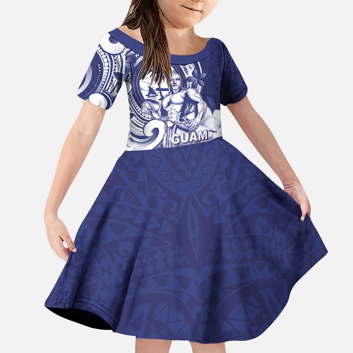 Guam Chief Quipuha Kid Short Sleeve Dress Polynesian Pattern With Guasali Flowers LT05 KID Navy - Polynesian Pride
