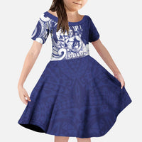Guam Chief Quipuha Kid Short Sleeve Dress Polynesian Pattern With Guasali Flowers LT05 KID Navy - Polynesian Pride